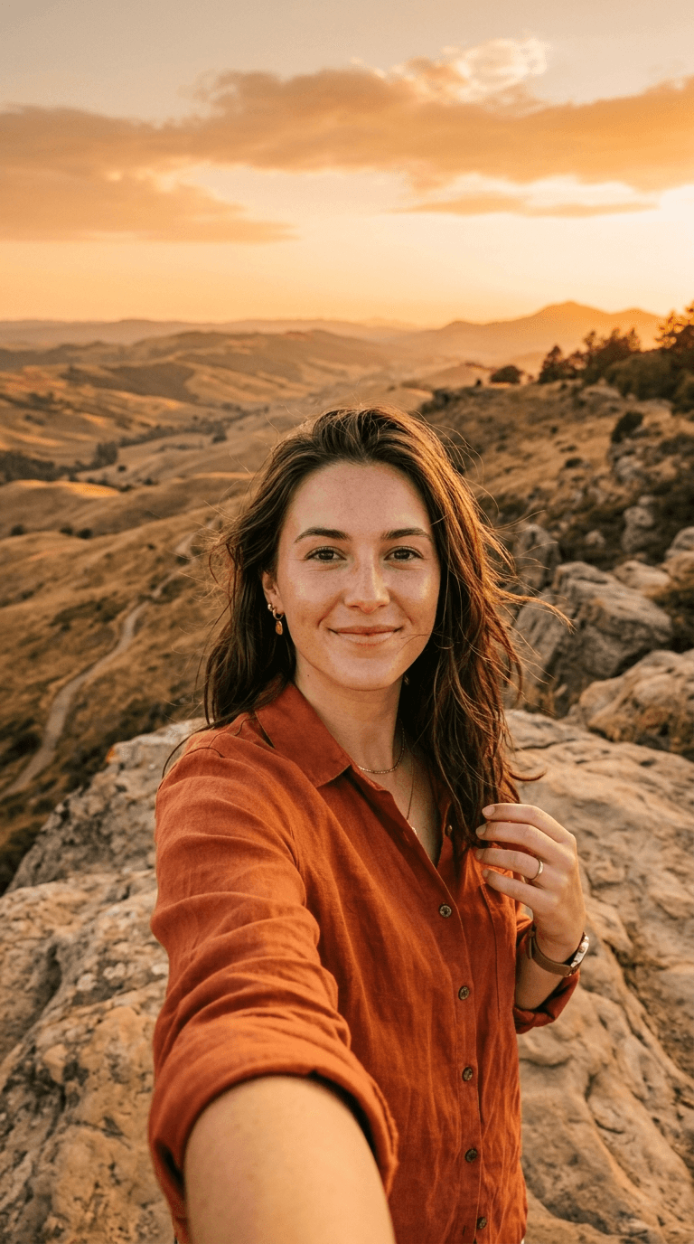 Woman taking a selfie outdoors on a hillside at sunset, wearing a rust-colored shirt