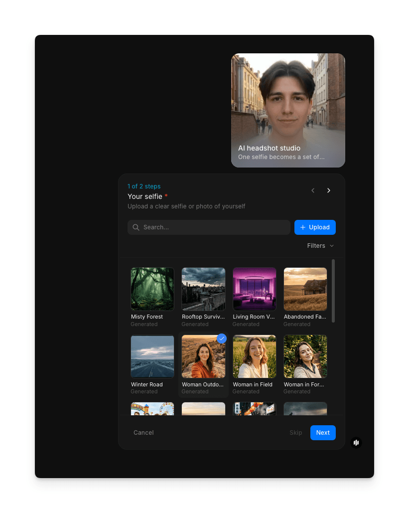 AI headshot studio workflow step 1 showing the Your selfie field with a searchable image gallery and Upload button