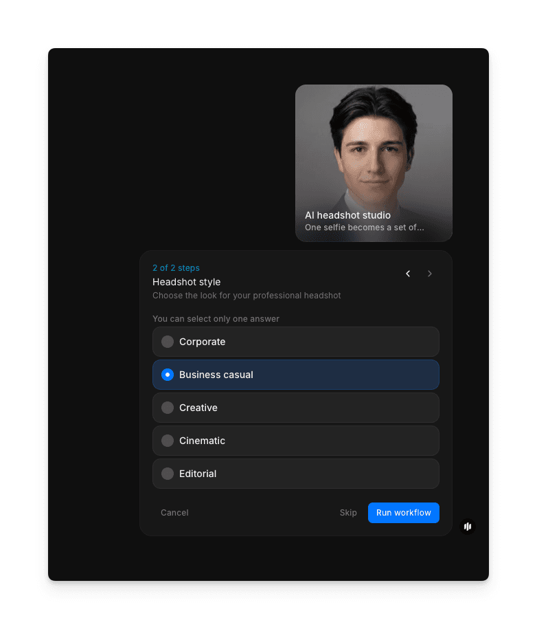 Headshot style selection showing radio buttons for Corporate, Business casual, Creative, Cinematic, and Editorial with a Run workflow button