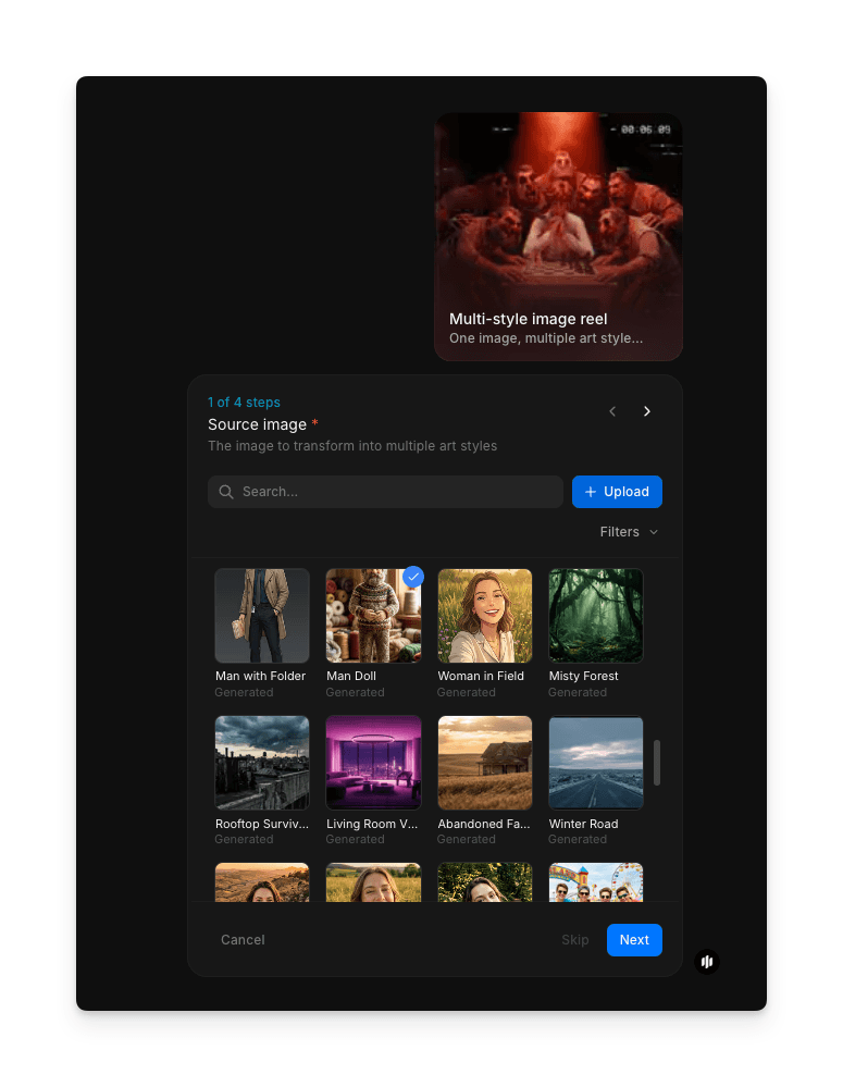 Multi-style image reel workflow step 1 showing the Source image field with a searchable gallery and an Upload button