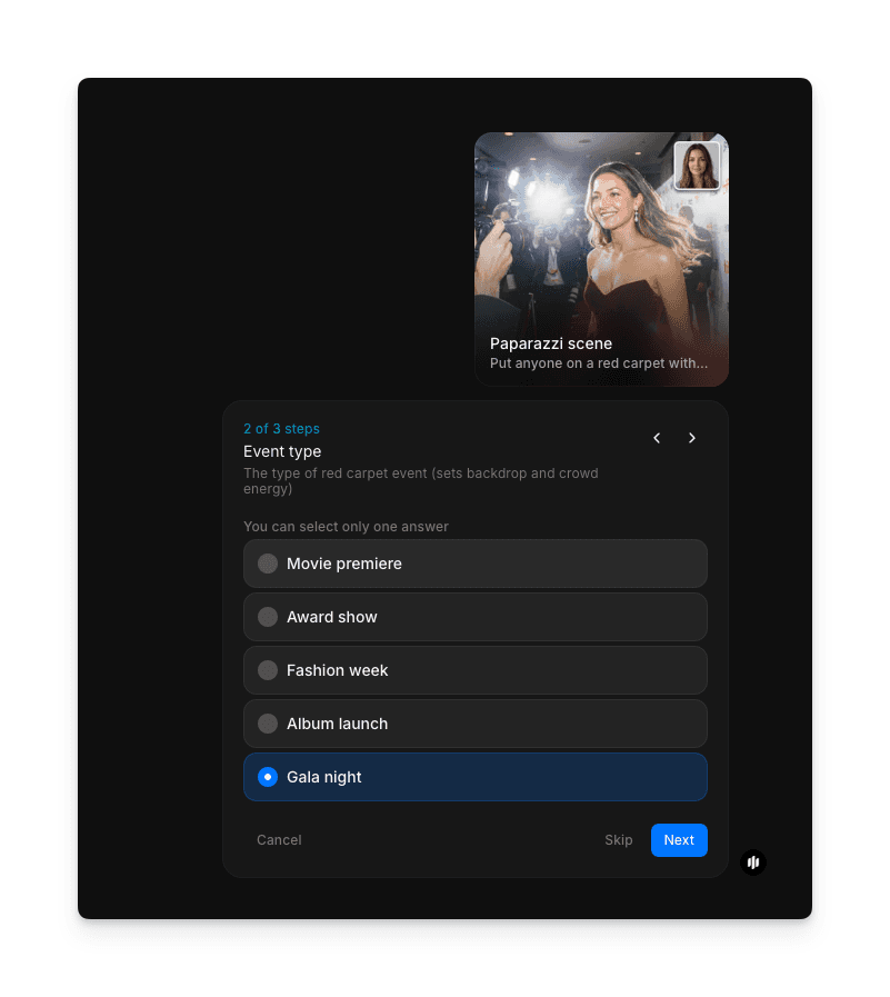 Event type selection showing radio buttons for Movie premiere, Award show, Fashion week, Album launch, and Gala night