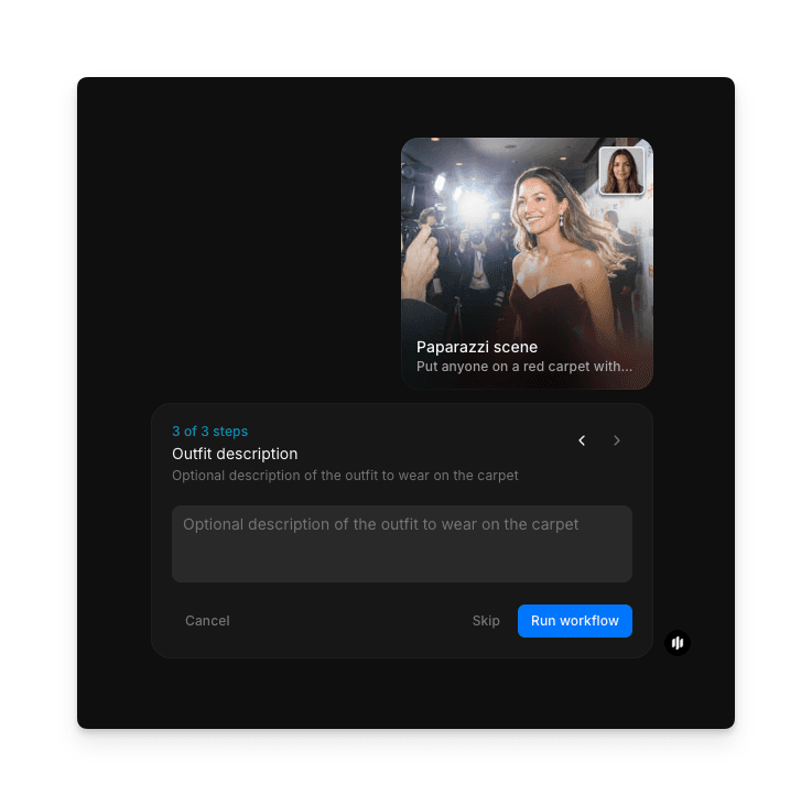 Outfit description step showing an optional text field and a Run workflow button