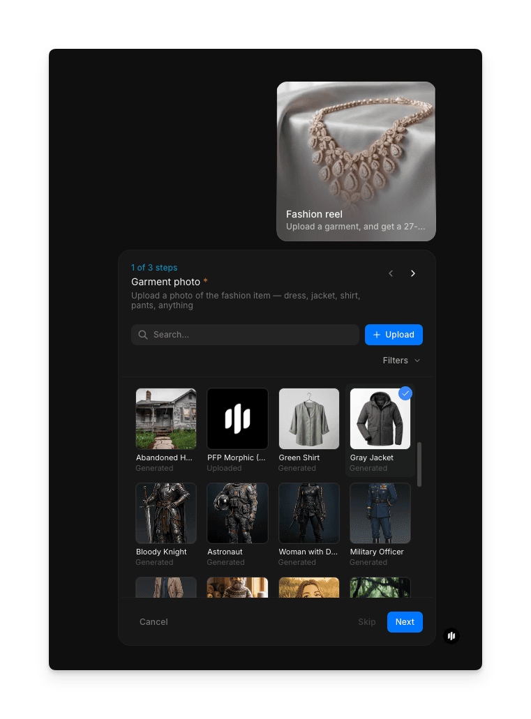 Fashion reel workflow step 1 showing the Garment photo field with a searchable gallery and an Upload button