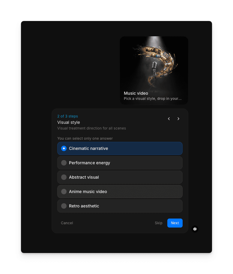 Visual style selection showing radio buttons for Cinematic narrative, Performance energy, Abstract visual, Anime music video, and Retro aesthetic