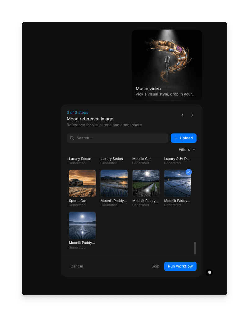 Mood reference image step showing a searchable gallery of atmospheric landscape images with Upload and Run workflow buttons