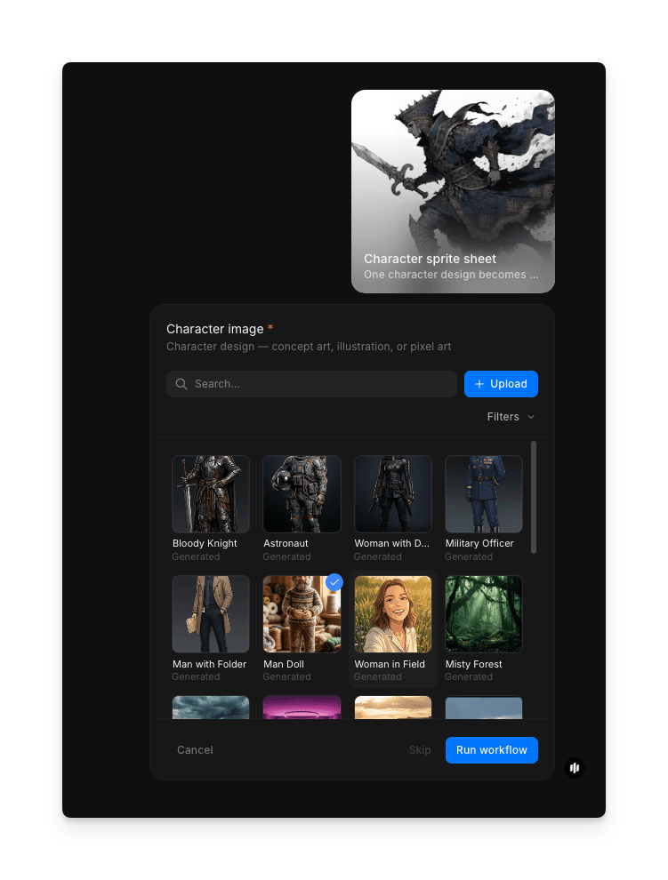 Character sprite sheet workflow showing the Character image field with a searchable gallery, Upload and Run workflow buttons