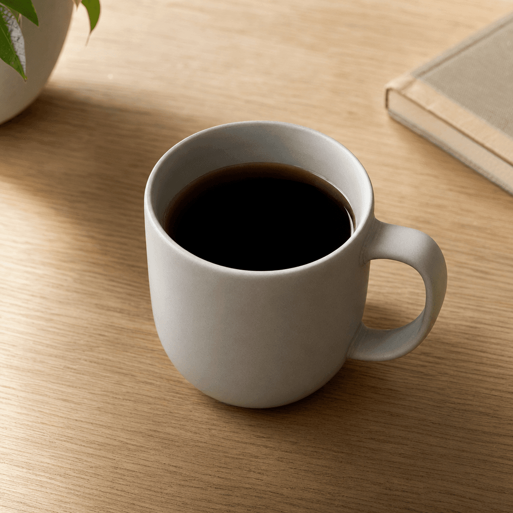 ChatGPT Images 2.0 e-commerce product photography output: matte ceramic coffee mug on an oak desk with soft morning light