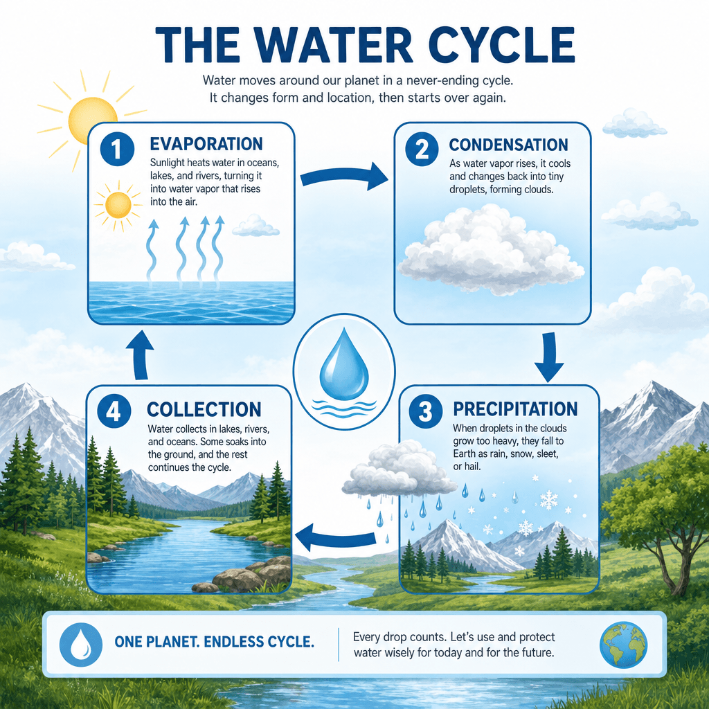ChatGPT Images 2.0 infographic output: water cycle diagram with four labeled stages and editorial-style icons