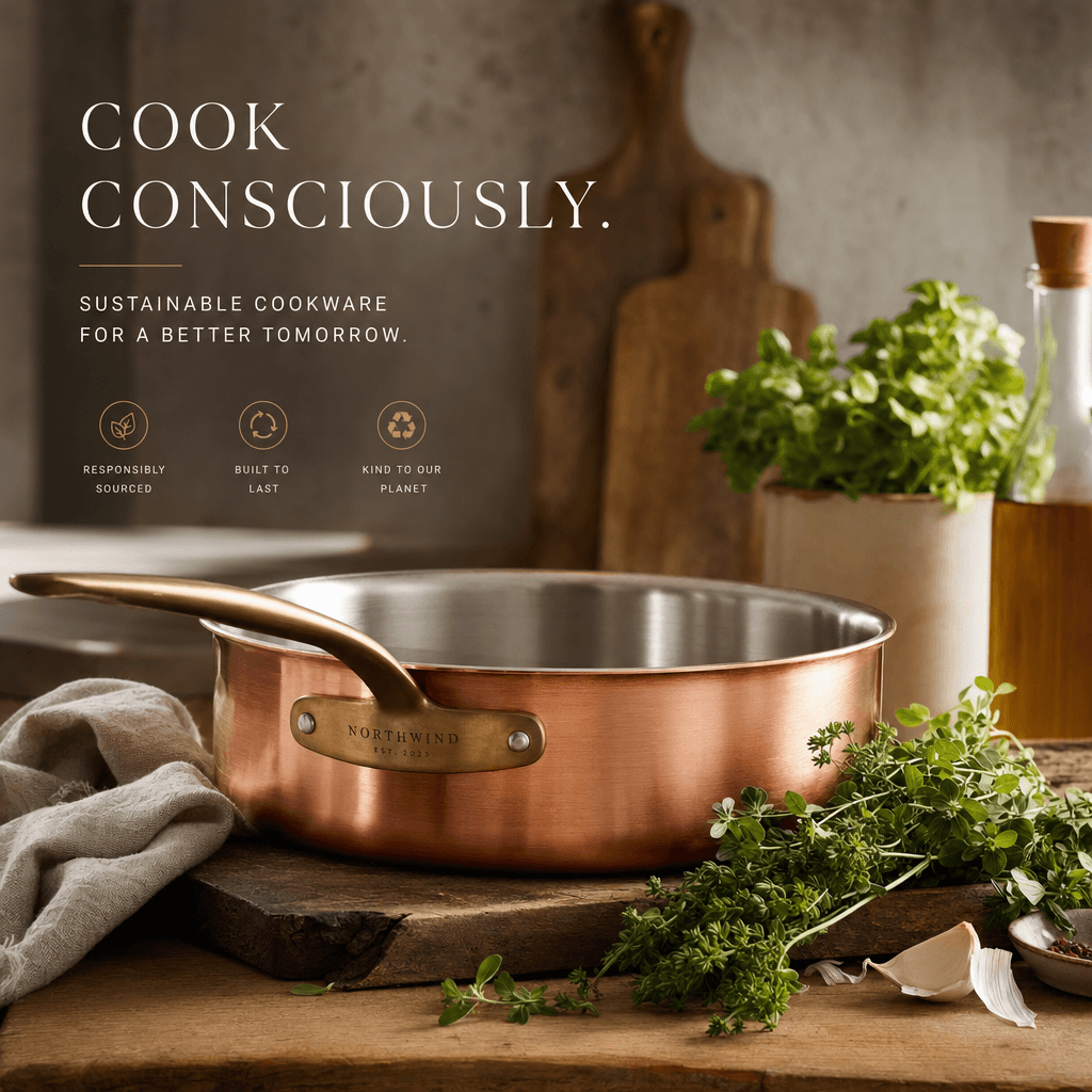 ChatGPT Images 2.0 brand campaign hero output: sustainable cookware brand image with brushed copper pan and fresh herbs