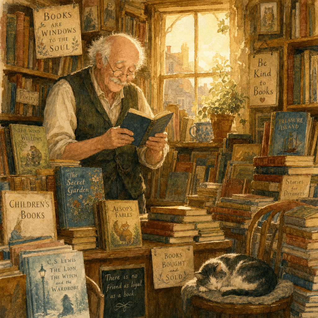 ChatGPT Images 2.0 stylized watercolor illustration output: elderly bookseller in a tiny shop with golden hour light