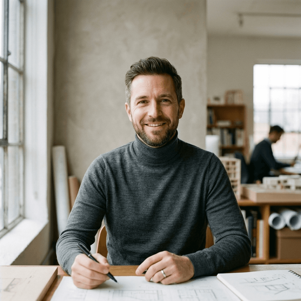 Nano Banana 2 photoreal portrait output: editorial headshot of a 35-year-old architect with natural window light and shallow depth of field