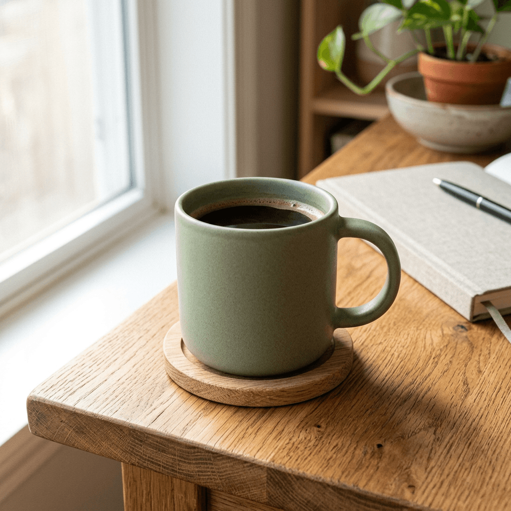 Nano Banana 2 e-commerce product photography output: matte ceramic coffee mug on an oak desk with soft morning light