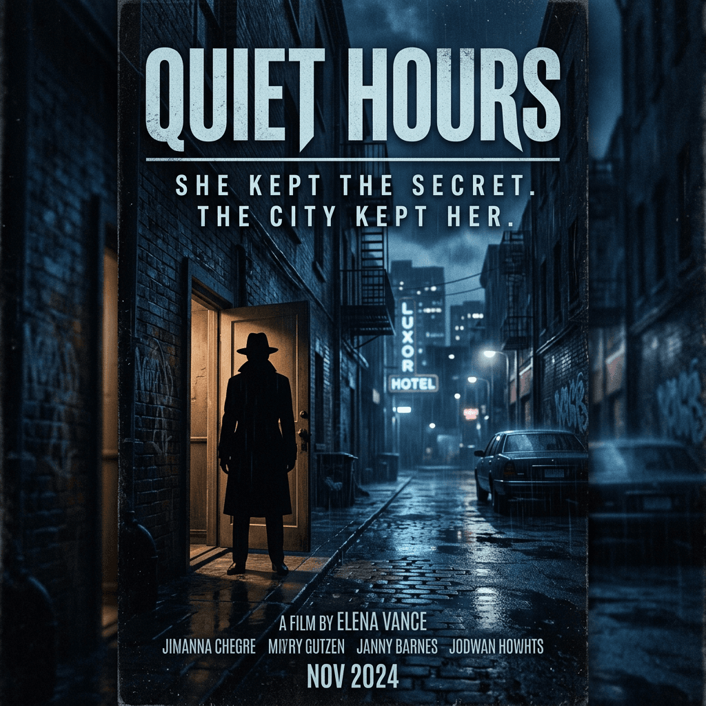 Nano Banana 2 text-heavy movie poster output: neo-noir poster for a film called Quiet Hours with title and tagline typography