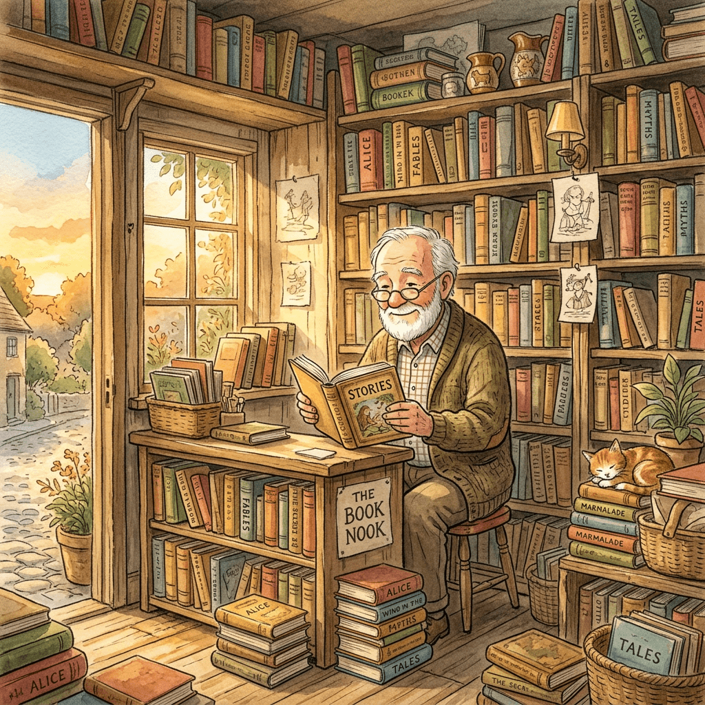 Nano Banana 2 stylized watercolor illustration output: elderly bookseller in a tiny shop with golden hour light