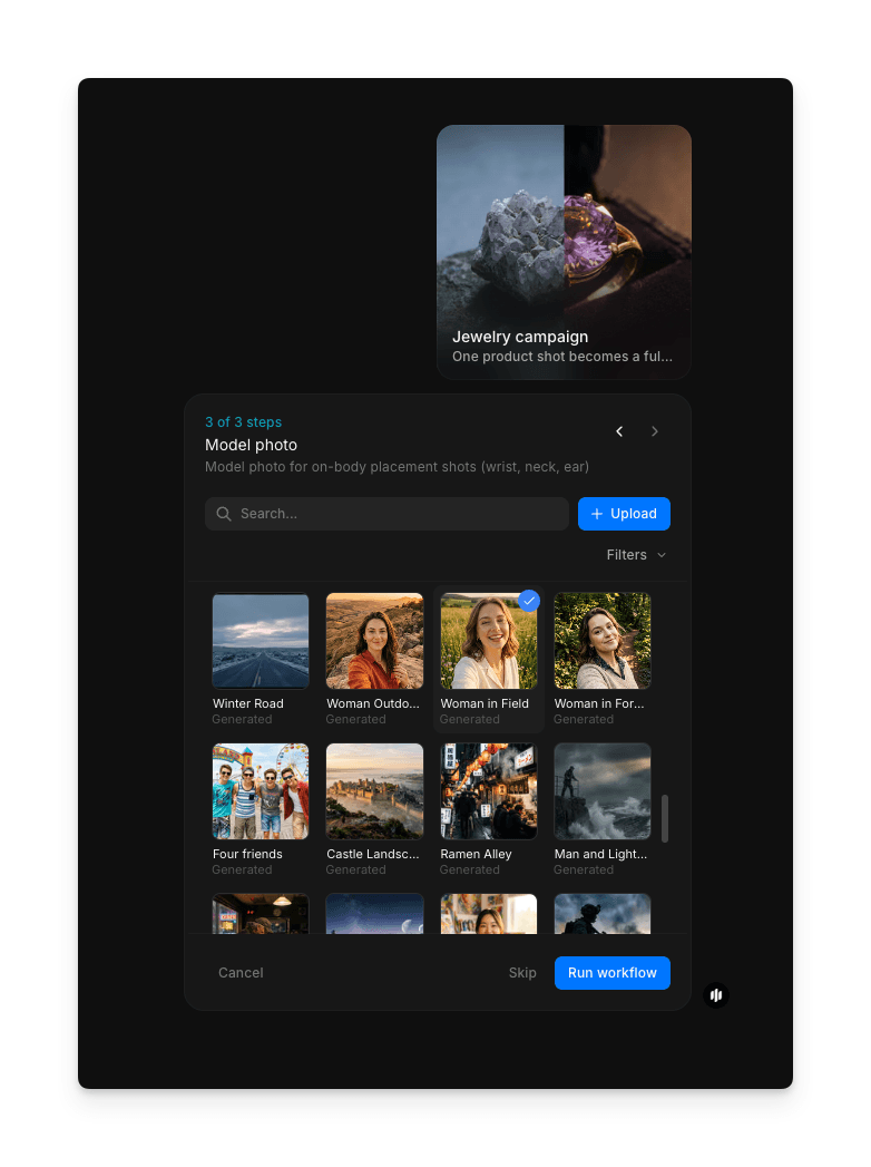 Model photo selection step showing a searchable gallery of model images with a Run workflow button