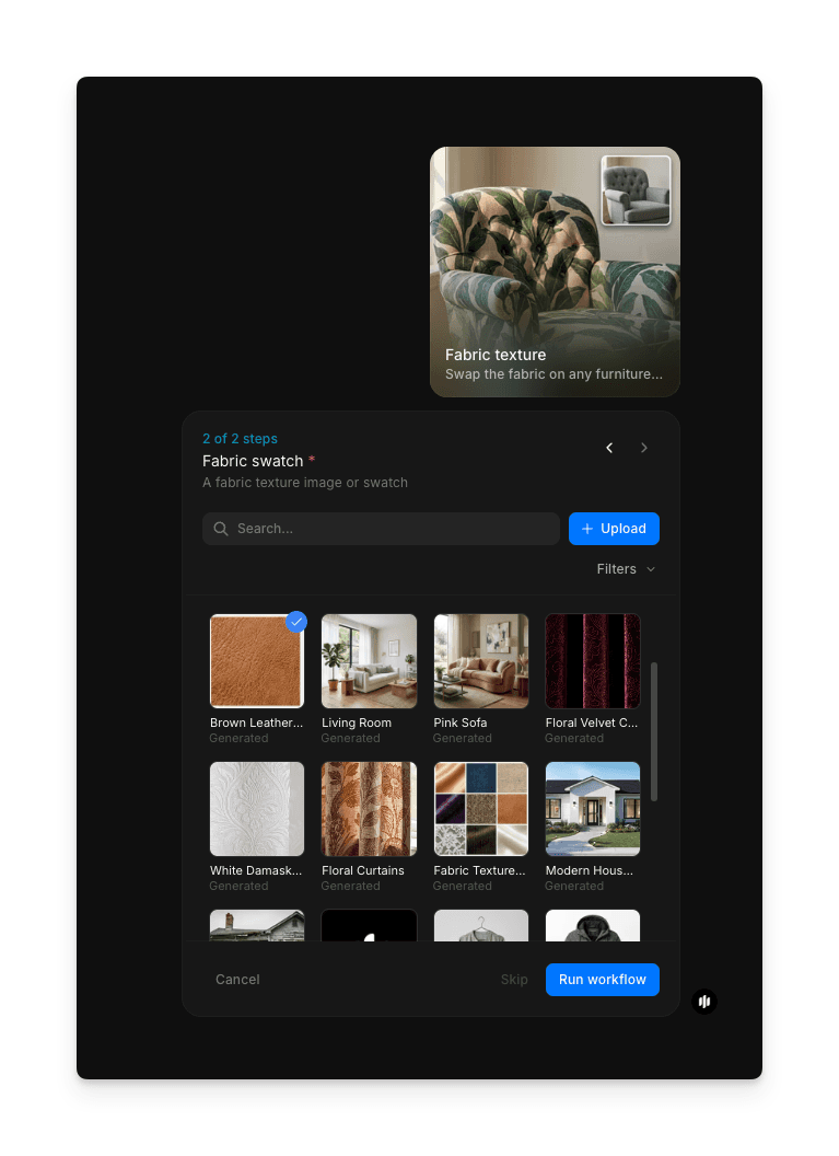 Fabric swatch step showing a searchable gallery of fabric texture images with Upload and Run workflow buttons