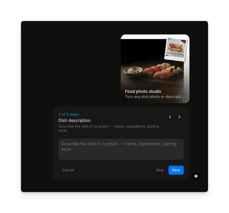 Dish description text field in the Morphic food photo studio workflow