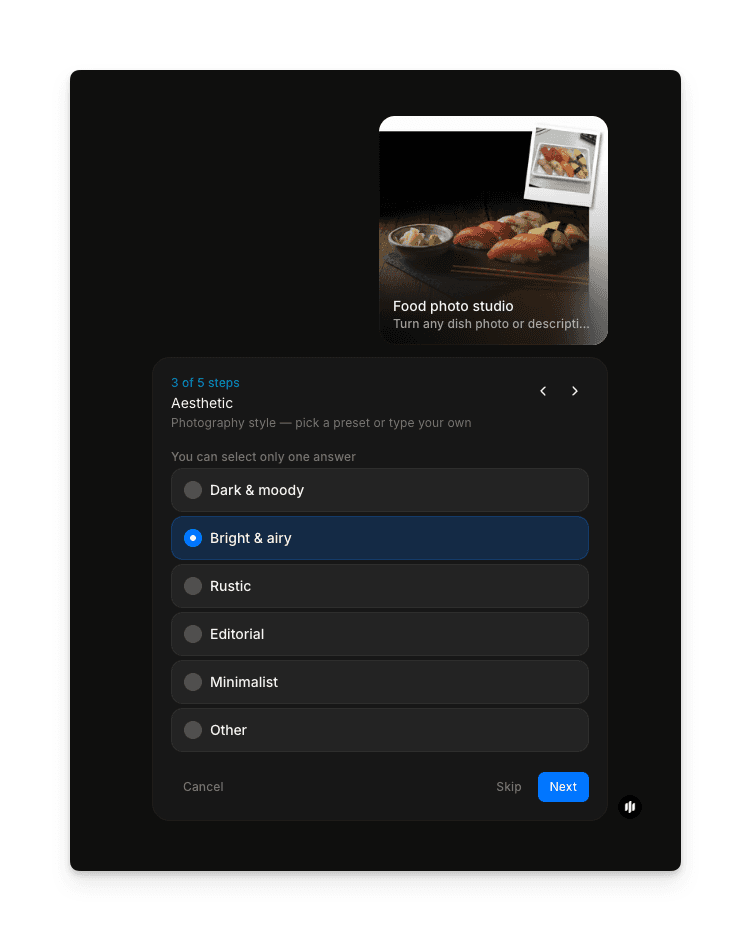 Aesthetic selection showing radio buttons for Dark & moody, Bright & airy, Rustic, Editorial, Minimalist, and Other