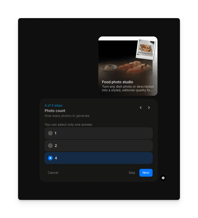 Photo count selection showing radio buttons for 1, 2, and 4