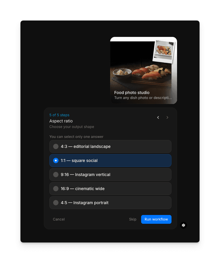 Aspect ratio selection showing radio buttons for 4:3 editorial landscape, 1:1 square social, 9:16 Instagram vertical, 16:9 cinematic wide, and 4:5 Instagram portrait