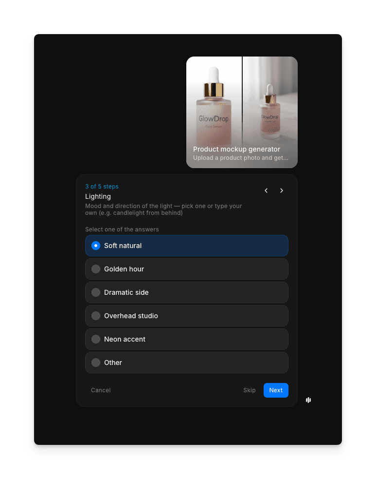 Lighting style selection screen with soft natural, golden hour, dramatic side, overhead studio, neon accent, and Other options