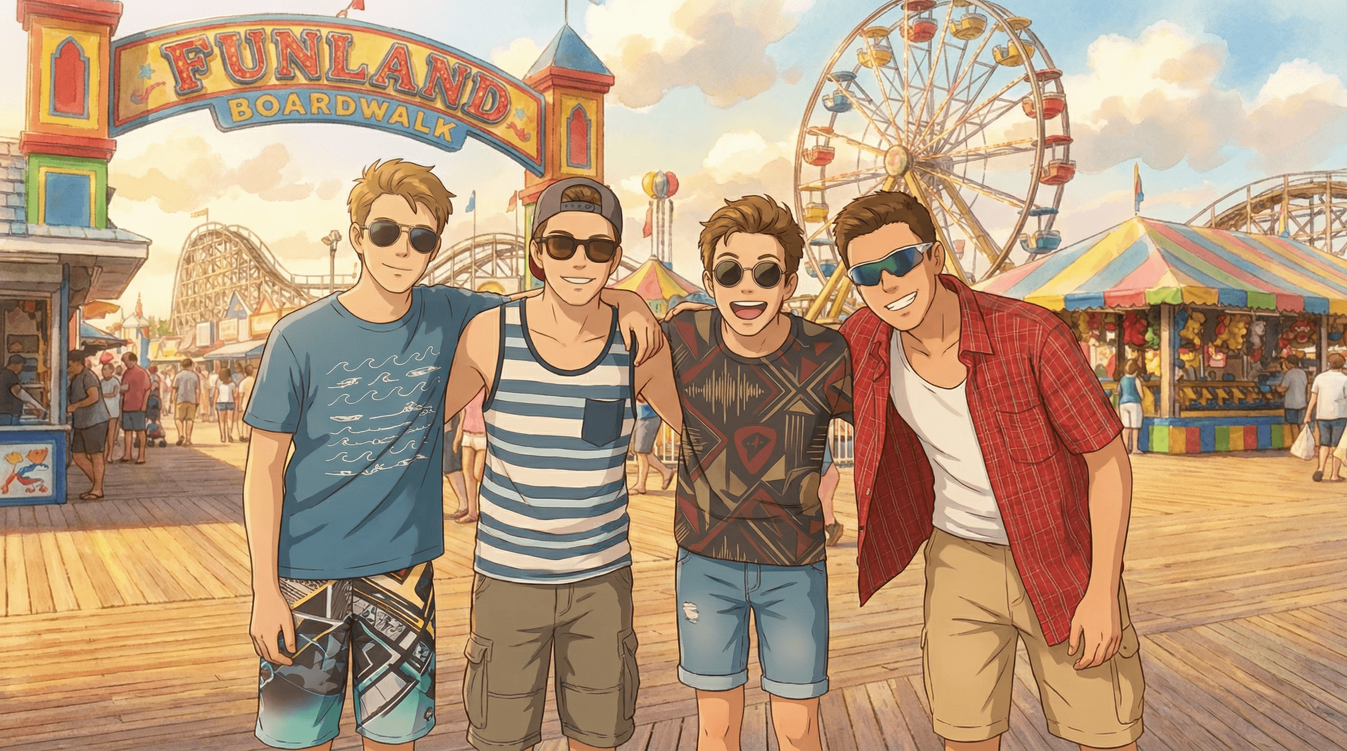 Anime-style rendering of the same group photo with bold outlines and vibrant colors