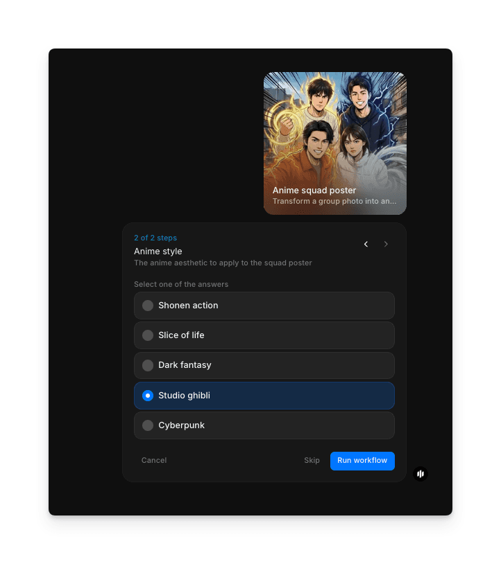 Morphic Anime squad poster workflow step 2 showing Anime style radio buttons for Shonen action, Slice of life, Dark fantasy, Studio Ghibli, and Cyberpunk with Run workflow button