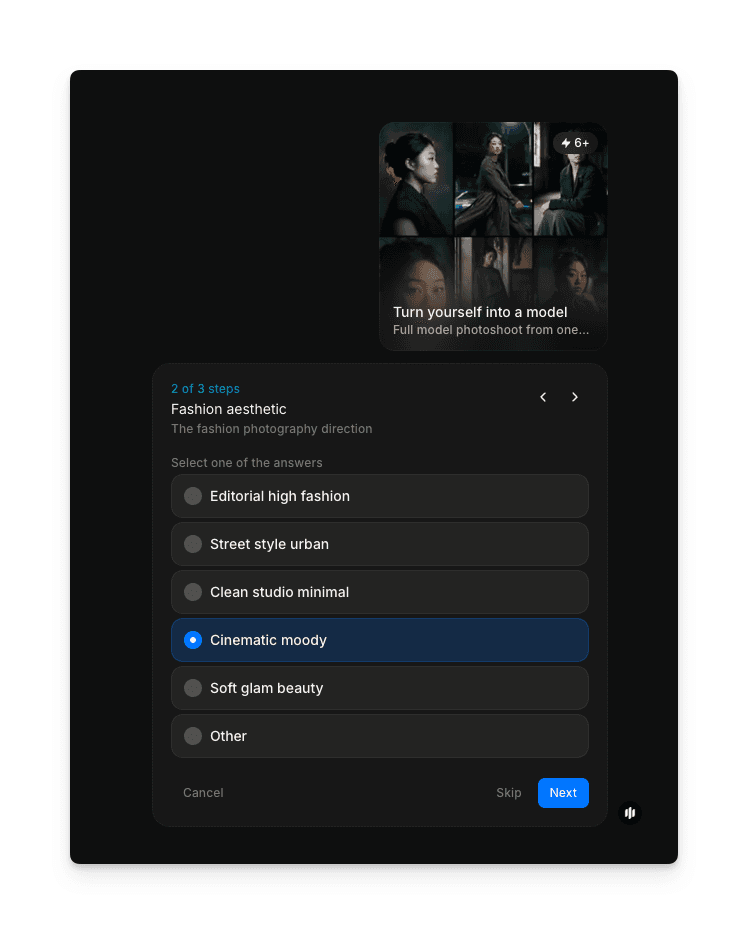 Fashion aesthetic selection screen with Editorial high fashion, Street style urban, Clean studio minimal, Cinematic moody, Soft glam beauty, and Other options
