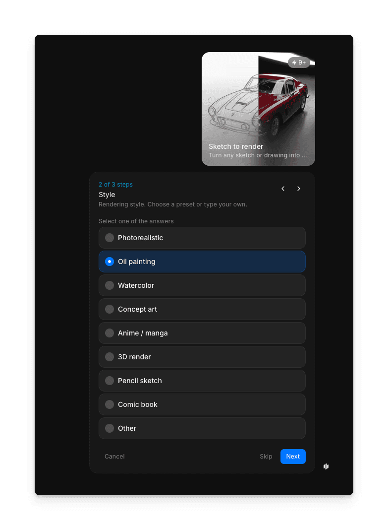 Style selection screen showing Photorealistic, Oil painting, Watercolor, Concept art, Anime / manga, 3D render, Pencil sketch, Comic book, and Other options