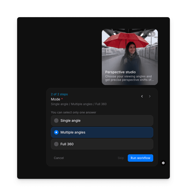 Mode selection showing radio buttons for Single angle, Multiple angles, and Full 360 with a Run workflow button