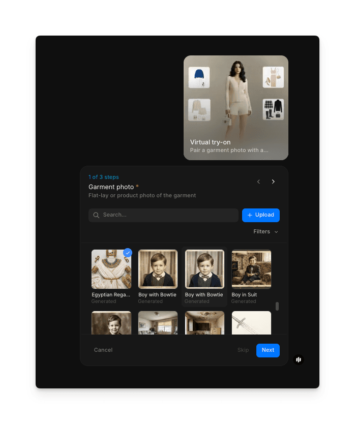 Garment photo field in Morphic's Virtual try-on workflow showing upload options