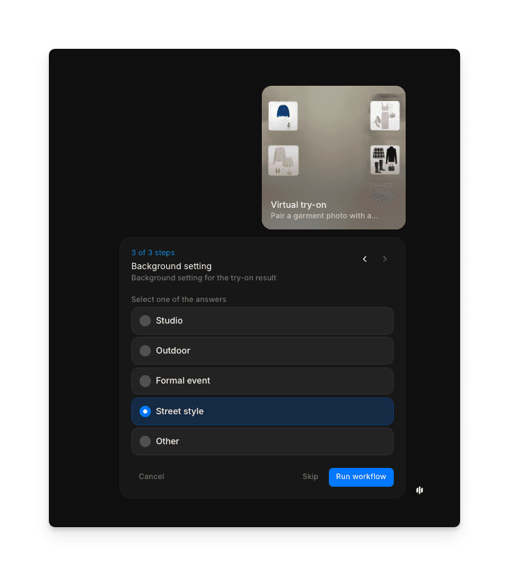 Background setting radio buttons with Studio, Outdoor, Formal event, Street style, and Other options alongside Run workflow button